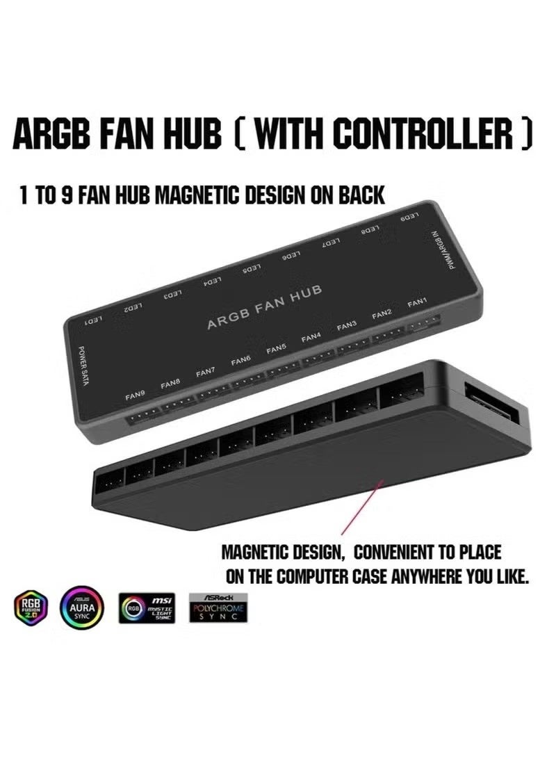 X-level ARGB Fan HUB Controller with Remote Control, PWM Hub Support 9 Groups of Fans for Addressable 5V 3Pin ARGB & 12V 4Pin PWM, 2-in-1 RGB Case Fan with Hidden Magnetic Base and SATA Power (9 Groups) - Image 3